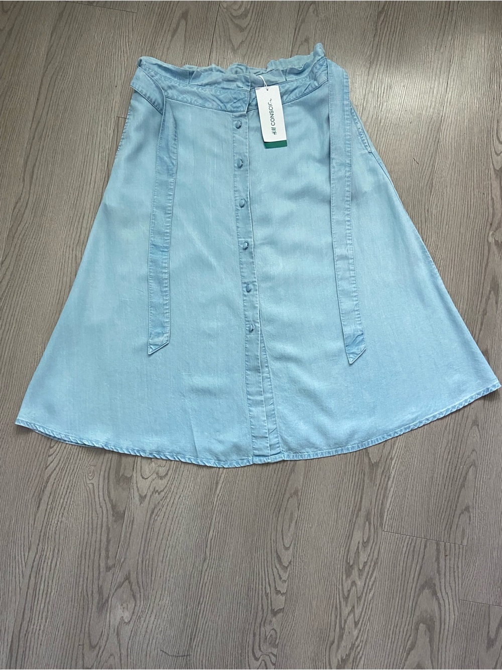 H&M Pale Blue Button-Front Midi Skirt with Waist Ties